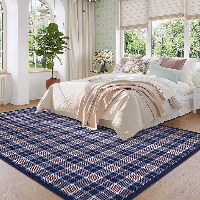 GarveeHome Checkered Area Rugs 9x12 for Living Room, Machine Washable Non Slip Backing Rug, Low-Pile Stain Resistant Indoor Carpet for Bedroom Dining Room Office Nursery Floor Decor Blue