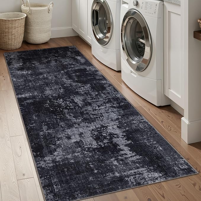 Sasttie 2x8 Runner Rug, Modern Abstract Hallway Carpet, Black & Grey | Machine Washable, Ultra-Soft Faux Wool, Low Pile, Non-Slip, Thin, for Entrance, Entryway, Kitchen & Laundry Room