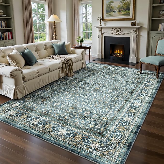 6x9 Area Rugs - Washable Vintage Retro Living Room Rug, Soft Ultra Thin Non Slip Low Pile Traditional Distressed Boho Carpet for Bedroom Dining Room Nursery Home Office, Blue