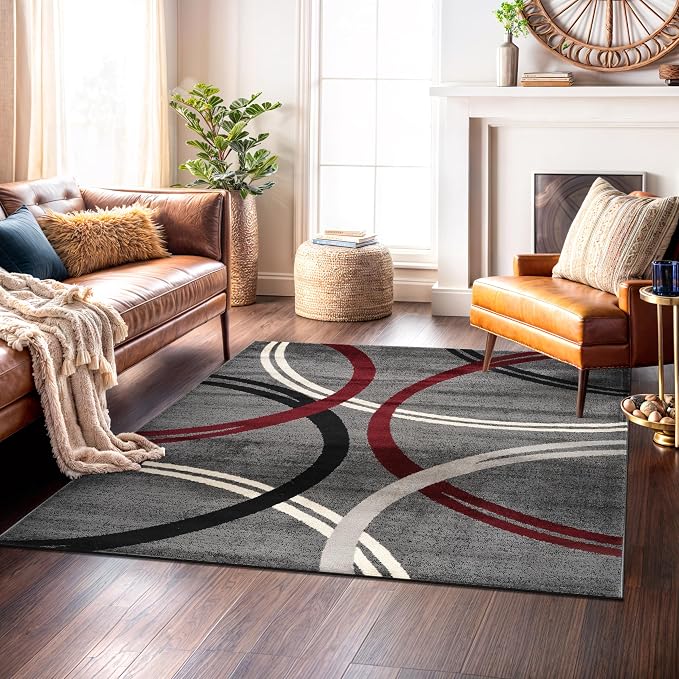 Rugshop Wavy Circles Modern Non-Shedding Square Rug Red 6'6" x 6'6" | Square, Size 6'6" x 6'6", Living Room, Bedroom, Dining Room, Home Office, Kitchen, Entryway, Hallway, Nursery, Kids Room