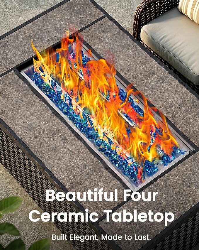 Ciays 43" Propane Fire Table, with Ceramic Top, Wind Guard, Lid, Glass Rock