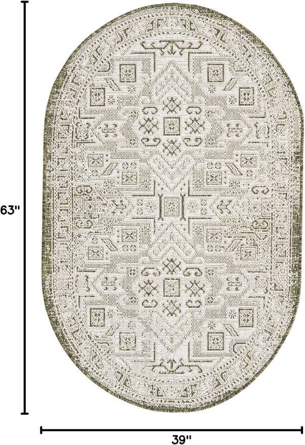 Unique Loom Outdoor Aztec Collection Area Rug - Coba (3' 3" x 5' 3" Oval, Green/ Ivory)