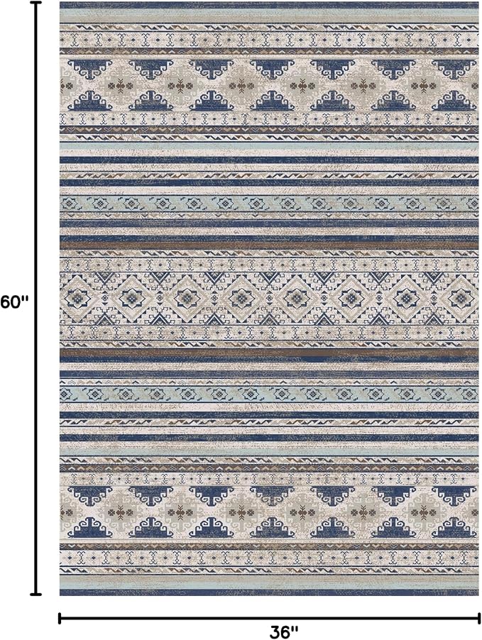 Washable Area Rugs 3' x 5 ' - 1/6 Thick - Moroccan-Inspired -Stain & Water Resistant Non-Slip - Resistant Rug for Living Room, Bedroom, Nursery, Pet & Child Friendly (Blue and Brown)
