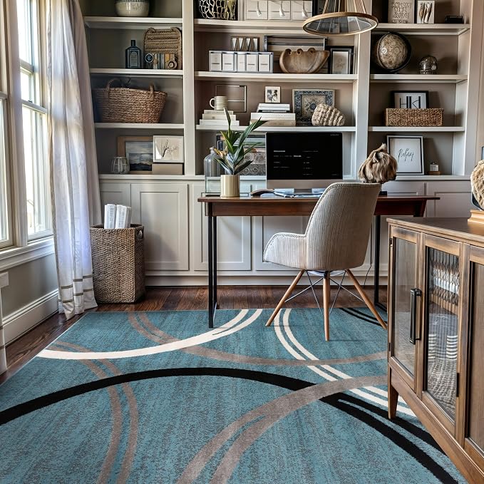 Rugshop Wavy Circles Modern Fade-Resistant Area Rug Blue 6'6" x 9' | Rectangular, Size 6'6" x 9', Living Room, Bedroom, Dining Room, Home Office, Kitchen, Entryway, Hallway, Nursery, Kids Room