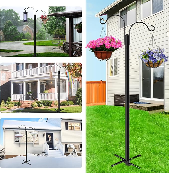 XDW-GIFTS Double Shepherds Hooks for Outdoor, 2-Pack Heavy Duty Garden Pole for Hanging Bird Feeder, Plant Baskets, Solar Light Lanterns, Garden Plant Hanger Stands with 5 Base Prongs