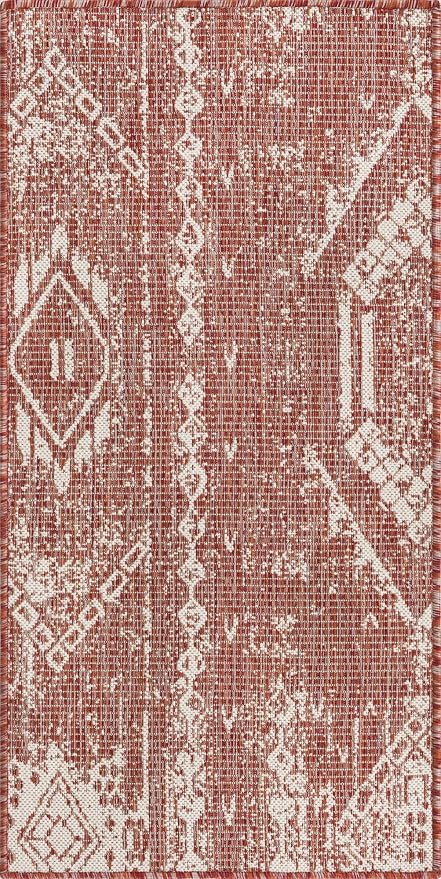 Unique Loom Outdoor Bohemian Collection Area Rug - Anthro (2' x 4' 1" Runner, Rust Red/ Ivory)