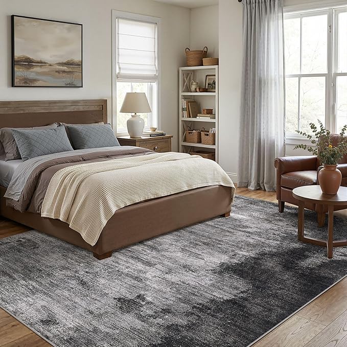 DMOYEST 9x12 Area Rug for Living Room Washable Abstract Indoor Carpet | Neutral Modern Low Pile Rugs Kid & Pet Friendly Large Soft Thin Carpet for Bedroom Dining Room and Office - Dark Grey