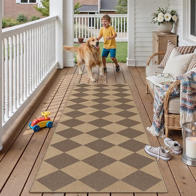 PureCozy 2x8 Checkered Easy Jute Runner Rug Non Slip Hallway Kitchen Washable Outdoor Rug for Entryway Indoor Checkerboard Brown Long Indoor Outdoor Carpet for Bedside Entry Front Door Porch