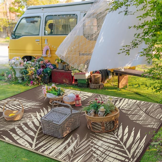 GENIMO Outdoor Rug 6' x 9' Waterproof for Patio Clearance, Reversible Plastic Straw Camping Mat, Lightweight Carpet for Rv, Camper, Deck, Porch, Picnic, Balcony, Beach, M.Mottled＆CoffeeBeige