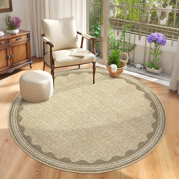 GarveeHome Scalloped Edge Circle Solid Tan Jute Digital Printing 5ft Round Rug Washable Non-Slip Soft Ultra-Thin Modern Carpet for Living Room Kitchen Bedroom Nursery Dining Room