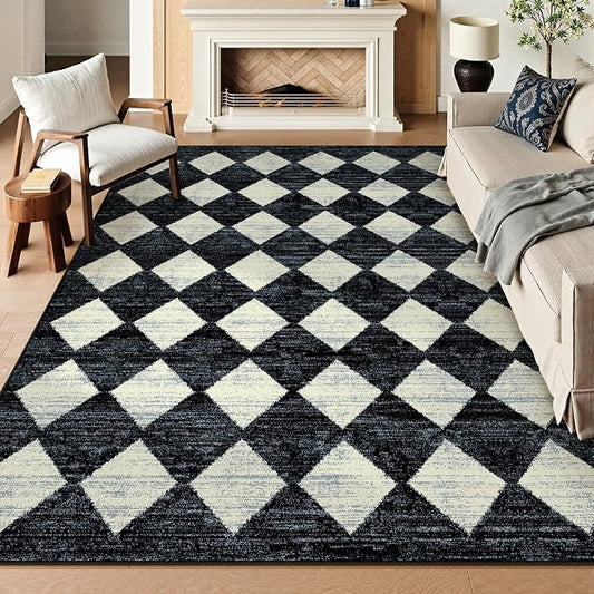 Checkered Area Rug 8x10 Black, Washable Non Slip Modern Living Room Bedroom
