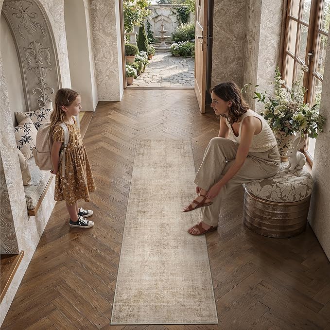 2x5 Beige Vintage Runner Rug | Washable, Non Slip, Soft Low Pile, Neutral Farmhouse, for Hallway Kitchen Laundry Bathroom Bedroom Living Room Home Decor