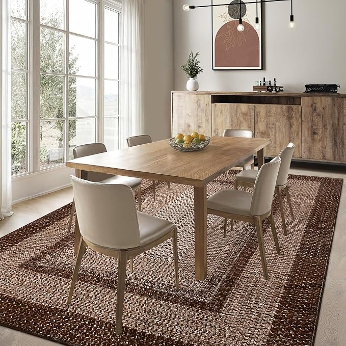 RUGSREAL 8x10 Washable Area Rug for Living Room with Rubber Backing | Stain Resistant Large Bedroom Throw Carpet Modern Geometric Floor Cover Modern Border Rug for Home Decor Office, Brown