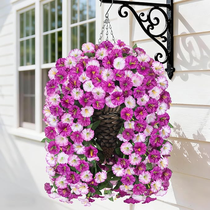 Artificial Fake Hanging Flowers Basket for Outdoor Indoor Decoration,UV Resistant Faux Silk Light Fuchsia and Fuchsia Morning Glory Flowers Plants Realistic Hanging Planter for Outside Home Porch Yard