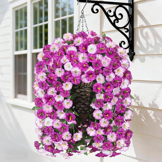 Artificial Fake Hanging Flowers Basket for Outdoor Indoor Decoration,UV Resistant Faux Silk Light Fuchsia and Fuchsia Morning Glory Flowers Plants Realistic Hanging Planter for Outside Home Porch Yard