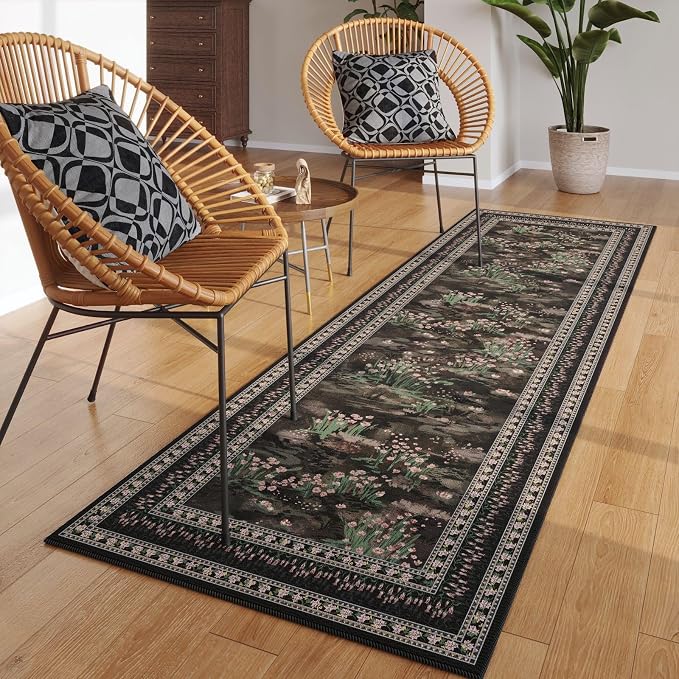 Rugcomf Runner Rug Impressionist-Style Vintage Kitchen Rugs Non Slip Washable Soft Carpet Runner for Kitchen Laundry Bedroom Bathroom, Black