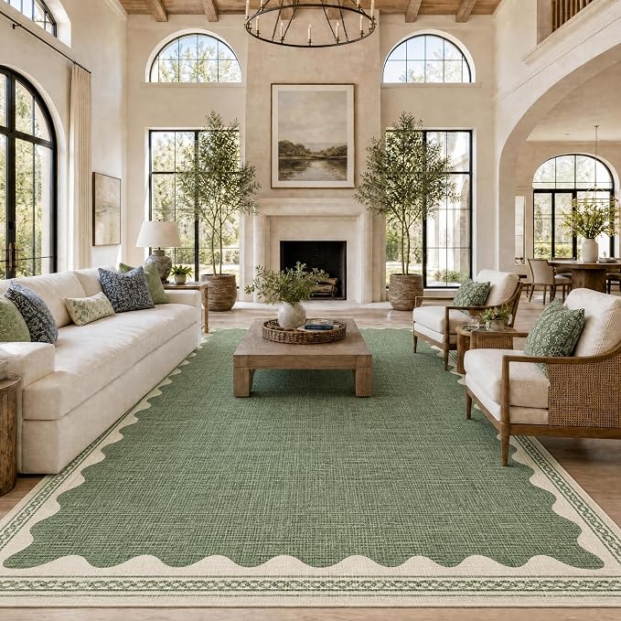 GarveeHome Scalloped Sage Green Washable Rugs 10x13 Rug for Living Room Non-Slip Solid Modern Minimalism 10 x 13 Rug Low-Pile Carpet for Bedroom Dining Nursery Mat with Rubber Back