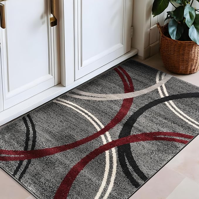 Rugshop Wavy Circles Modern Non-Shedding Accent Area Rug Red 2'7" x 4' | Rectangular, Size 2'7" x 4', Living Room, Bedroom, Dining Room, Home Office, Kitchen, Entryway, Hallway, Nursery, Kids Room