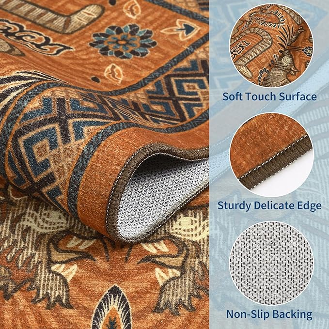 GarveeHome 4x6 Tiger Washable Rug Entryway Boho Bedroom Non Slip Vintage | Terracotta Area Rug Low Pile Tribal Carpet Stain Resistant Throw Rug for Kitchen Dorm Kidss Room Office Dining Room