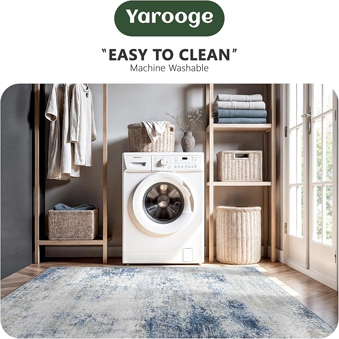 8x10 Area Rugs, Abstract Modern Ultra Soft Washable Rug, Non Slip Carpet with Rubber Back Stain Resistance Rugs for Living Room, Bedroom, Dining Room Decor(Blue & White)
