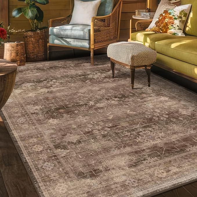Boho Taupe Brown 5x7 Living Room Rug - Modern Vintage Traditional Oriental Neutral, Washable Low Pile Non-Slip Large Area Rugs for Nursery Dining Under Table