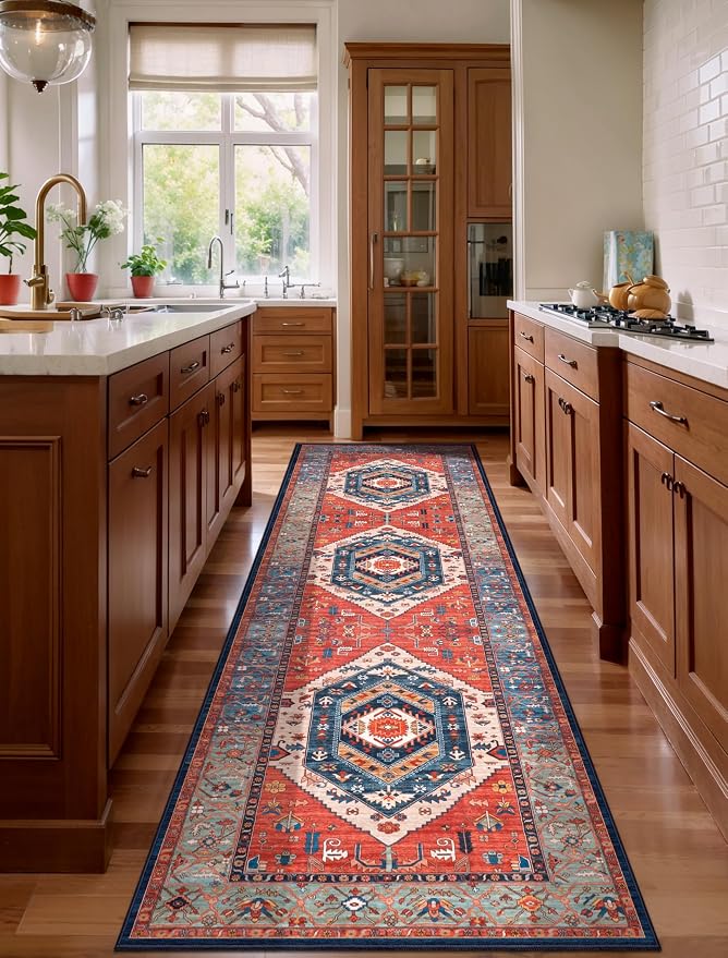 SERISSA 3x10 Washable Non Slip Boho Runner Rug for Hallway，Rust | Ultra Soft Vintage Oriental Carpet Low-Pile Long Tribal Floor Carpet for Stair Kitchen Bedroom Bathroom Laundry Room