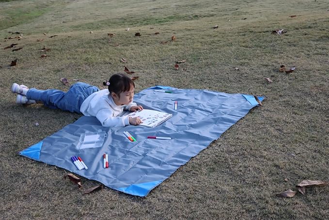 Orga'Neat Pocket Picnic Blanket, Beach Mat Waterproof Sandproof, Compact Lightweight Small Tarp for Camping, Hiking, Backpacking, Festival, Travel, Foldable in Bags (Grey/Blue, 55"x39")