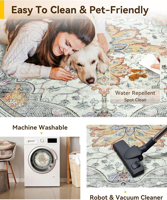 RELEANY Washable Area Rug, Round 5ft, Beige/Carbon Grey/Orange | Non-Slip, Water Repellent, Pet Friendly, Easy to Clean, Vintage Floral Boho Decor for Living Room Bedroom Dining Room