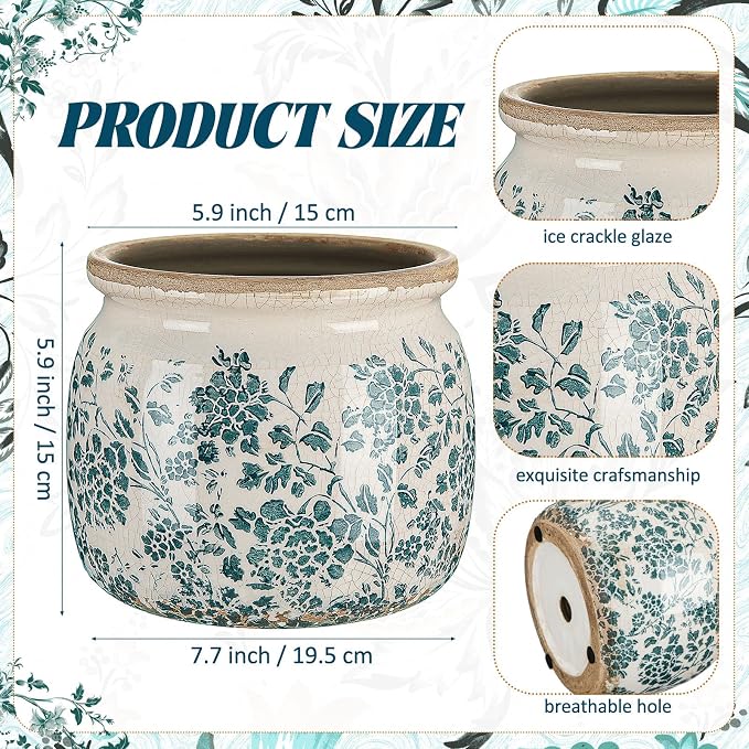 7.7" Large Ceramic Plant Pot Beige Green Vintage Peony Crackle Glaze Rustic Flowers Pot Decorative Planter with Drainage for Indoor Outdoor Plants Home Kitchen Office Decor Gift
