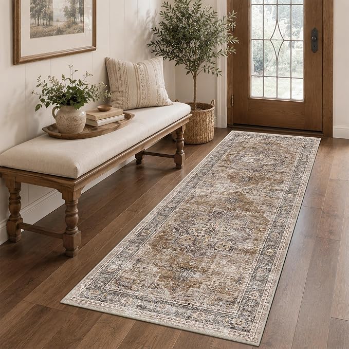 2x6 Vintage Runner Rug Low Pile Non-Slip Washable Hallway Rug | Retro Print, Non-Shedding, Soft Washable Brown Long Carpet, Stain Resistant Runner, for Hallway Kitchen Bedroom Laundry Room