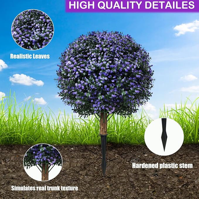 THKFUL Artificial Boxwood Topiary Ball Tree Outdoor Set of 2,Faux Bushes Plants with Spike,Artificial Boxwood Ball Fake Shrubs with Stake UV Resistant for Front Door Outdoor Planter Garden D17