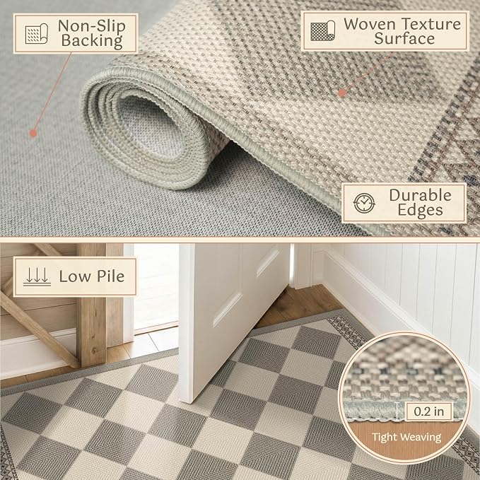 Beige Gray Diamond Easy Jute 3x4 Indoor Outdoor Rug, Checkered Farmhouse Geometric Decor Porch Entryway Carpet, Washable Non Slip Patio Rug for Laundry Room, Kitchen, Backyard or Mudroom