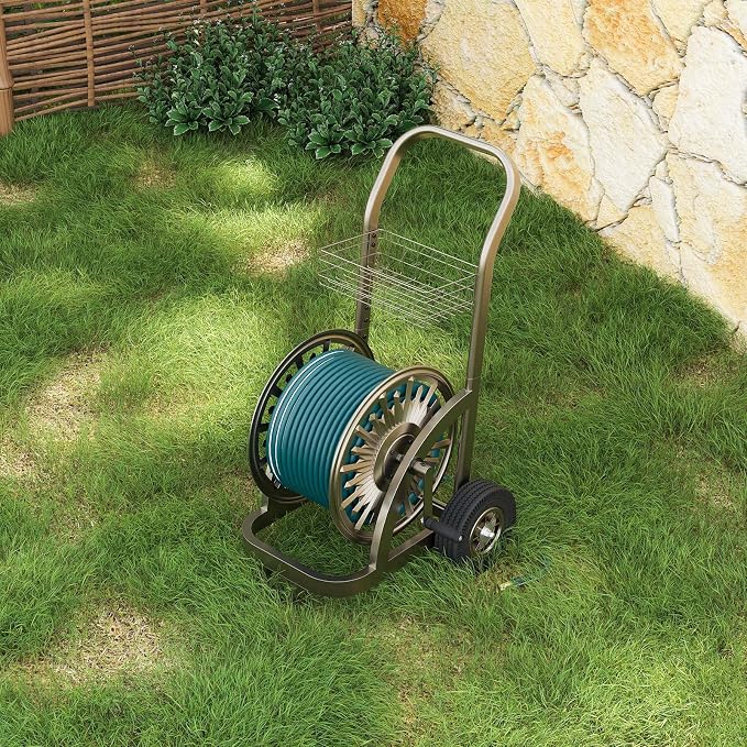 GOFORWILD Heavy Duty Steel Garden Hose Reel Cart with Wheels | Holds 200ft of 5/8 Hose, Storage Basket, Anti-Tip Design, Mobile Water Reel for Lawn, Yard, Garden