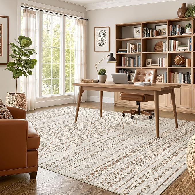 Nakagishi Area Rug Living Room Rugs: 6x9 Large Soft Machine Washable Boho Moroccan FarmNeutral Stain Resistant Indoor Floor Carpet for Bedroom Under Dining Table Home Office Decor-Brown