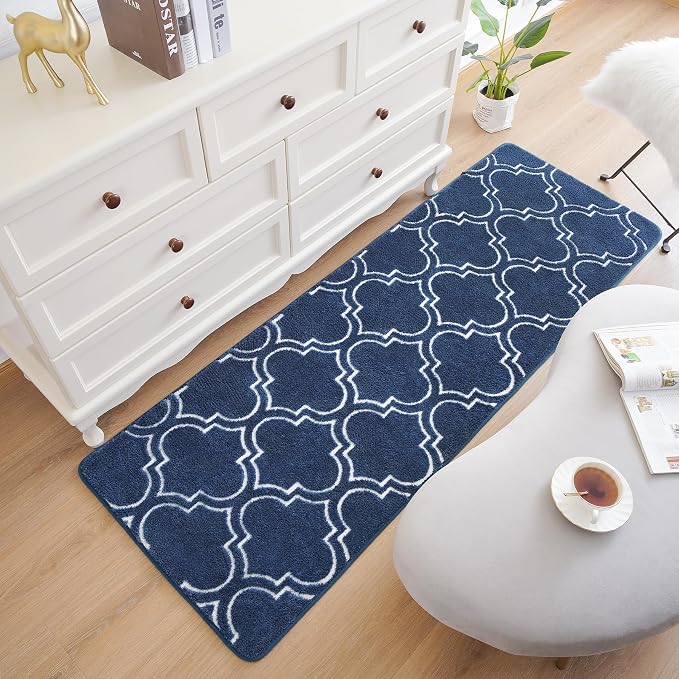 Chicrug 2x6 Shag Geometric Modern Runner Rug for Bedroom Hallway | Memory Foam Indoor Runner Carpet, Fluffy Rug for Living Room Bedside Room for Family, Navy and White