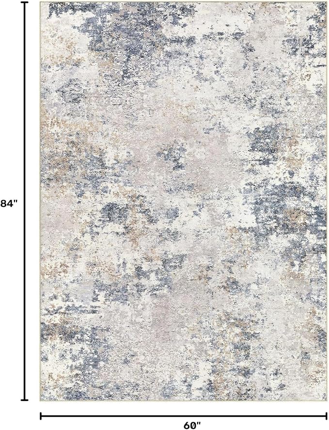 Nakagishi 5X7 Abstract Washable Area Rugs for Living Room-Blue Grey | Modern Non-Slip Silicone Backing Low Pile Soft Carpet for Bedroom Dining Decor Ideal for Families with Kids and Pets
