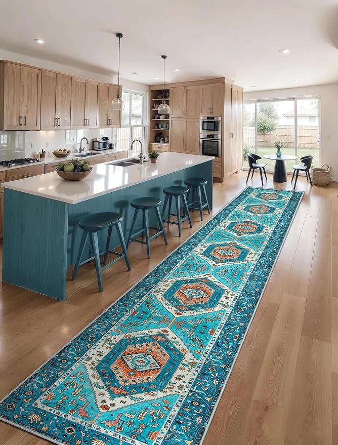 SERISSA 2'6"x16' Washable Non Slip Boho Runner Rug for Hallway，Blue | Ultra Soft Vintage Oriental Carpet Low-Pile Tribal Floor Carpet for Kitchen Bedroom Entryway Bathroom Laundry Room