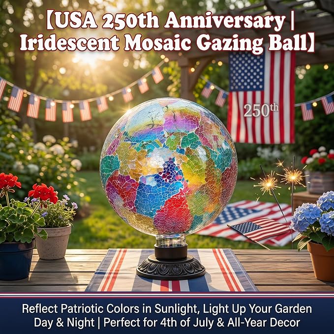 Topadorn 10" Iridescent Mosaic Glass Gazing Ball, Reflective Garden Globe Sphere for Outdoor Decor, Colorful Garden Ball for Patio, Yard & Flower Beds