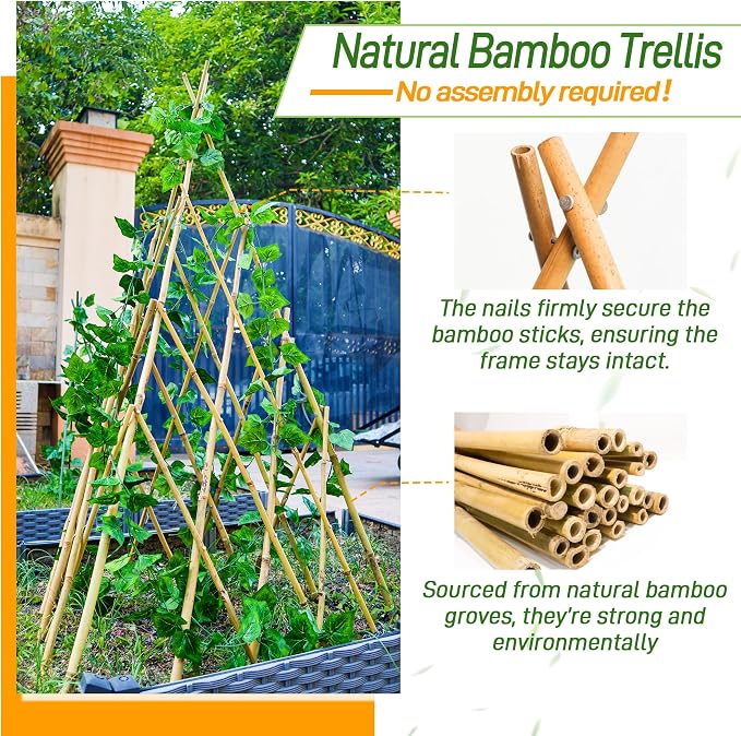 6ft Expandable Bamboo Teepee Trellis for Climbing Plants, Self-Standing Natural Bamboo Trellis for Plant Support, Folding Garden Trellis for Vines Flowers Vegetable Indoor Outdoor