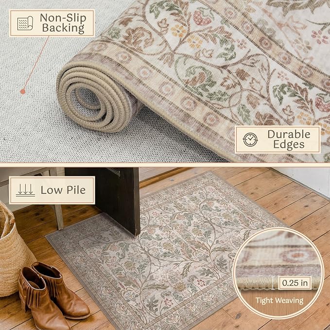 Moss Green Washable Entry Rugs 2x3, Indoor Door mat, Throw Small Rug for Entryway Bathroom Kitchen, Vintage Floral Low Pile Soft Stain Resistant Carpet