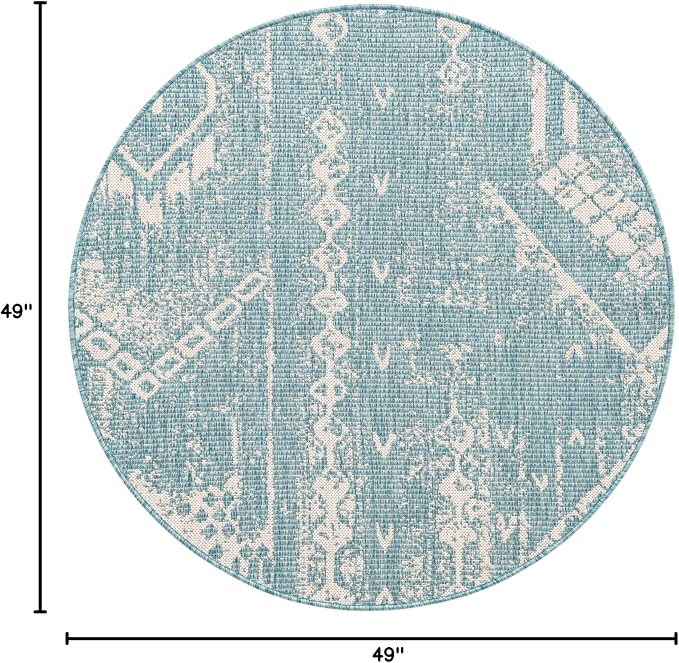Unique Loom Outdoor Bohemian Collection Area Rug - Anthro (4' 1" Round, Light Aqua/ Ivory)