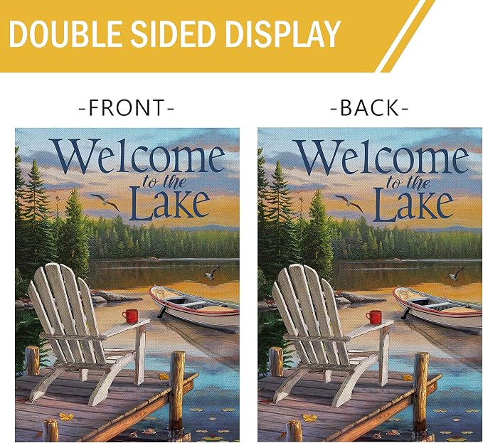Furiaz Summer Spring Welcome to the Lake Adirondack Chairs Small Decorative Garden Flag, Lakehouse Lakeside Boat Ocean Yard Outside Burlap Decoration Outdoor Decor Double Sided 12x18