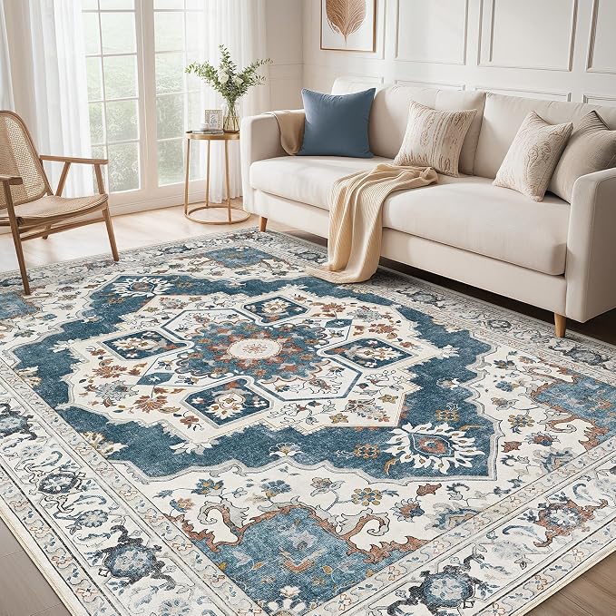 Washable Area Rug-10X14 Vintage Neutral Soft Vintage Blue | Non Slip Thin Foldable Large Floor Carpet for Living Room Bedroom Kitchen Dining Room Home Office Farmhouse Indoor