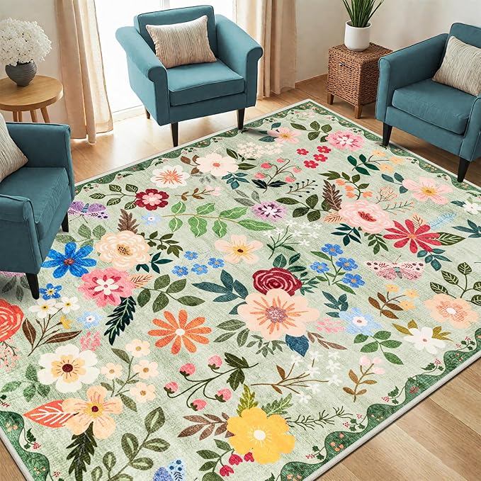 PLHXFR Area Rug Living Room: 5x7 Floral Washable Boho Soft Carpet Green | For Bedroom Dining Room Farmhouse Nursery Hallway,Vintage Floral,Machine washable,Non Slip,Stain Resistant,Large Indoor