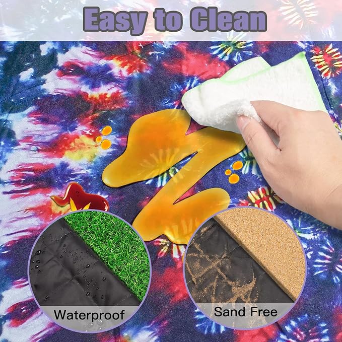 Picnic Blankets Extra Large Waterproof, 80"x 80" Tie-dye Beach Mat with Corner Pockets Windproof Sandproof Foldable Portable 3-Layer Mat Darker for Wet Grass,Parks,Music Festival,Camping,Concerts