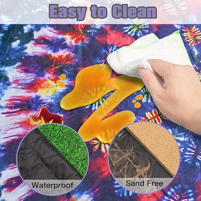 Picnic Blankets Extra Large Waterproof, 80"x 60"Tie-dye Beach Mat with Corner Pockets Windproof Sandproof Foldable Portable 3-Layer Mat Darker for Wet Grass,Parks,Music Festival,Camping,Concerts