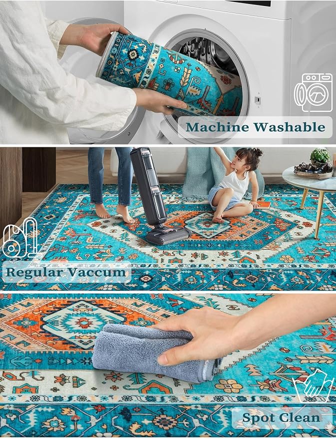 SERISSA 2'6"x18' Washable Non Slip Boho Runner Rug for Hallway，Blue | Ultra Soft Vintage Oriental Carpet Low-Pile Tribal Floor Carpet for Kitchen Bedroom Entryway Bathroom Laundry Room