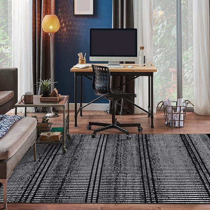 Rugshop Contemporary Stripe Lines High Traffic Area Rug Black 5' x 7' | Rectangular, Size 5' x 7', Living Room, Bedroom, Dining Room, Home Office, Kitchen, Entryway, Hallway, Nursery, Kids Room