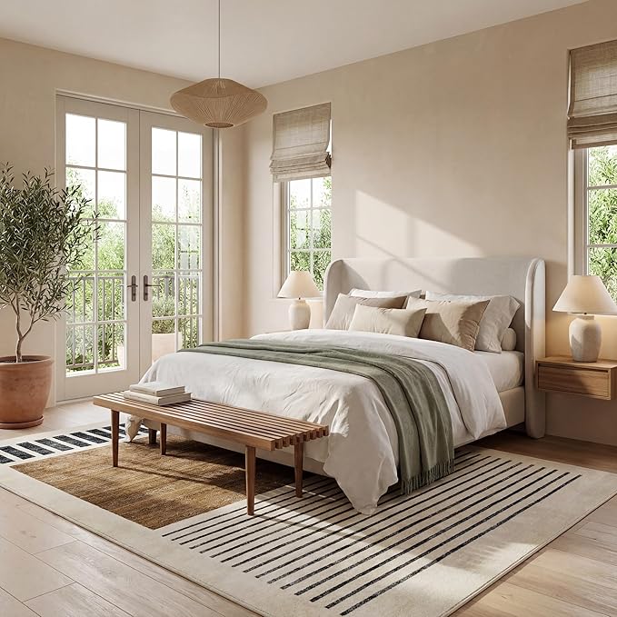 nuLOOM Keeva Beige Striped Power Loomed Area Rug, 7' x 10' | nuLOOM 7' x 10' Fringed Performance Indoor Area Rug, Power Loomed, Easy Clean, Durable, Non-Shed, Beige