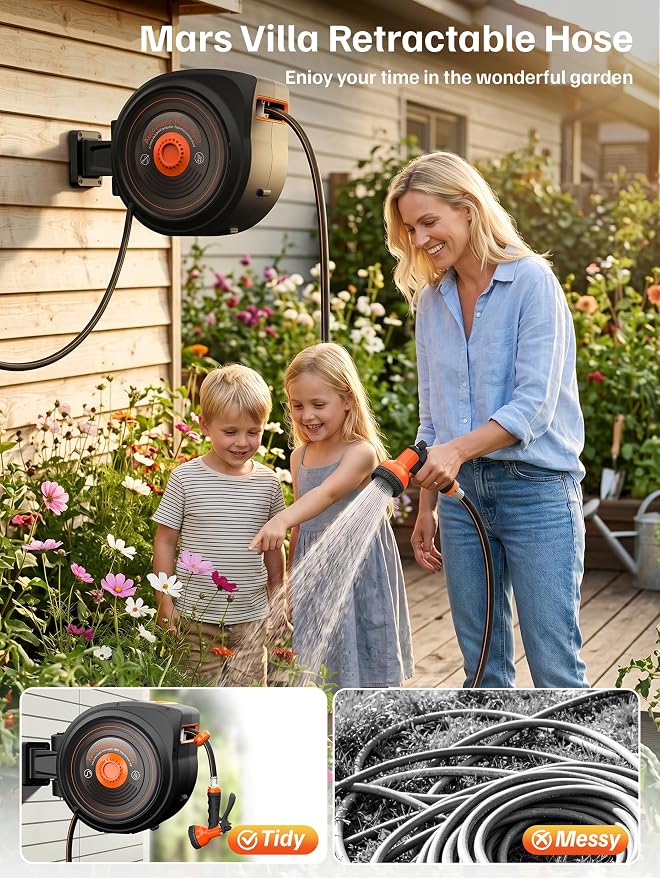 Mars Villa Retractable Garden Hose Reel 1/2 IN x 65 FT, Wall Mounted Heavy Duty Water Hose for Outside, Auto-Rewind & Any Length Lock, 180° Swivel Bracket, Slow Return, 10 Spray Patterns, UV-Resistant